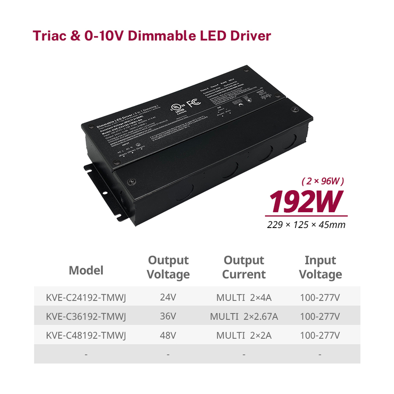 2 级 180W 192W 288W 300W Triac 0-10V 可调谐防水 LED 驱动器 CV，带接线盒