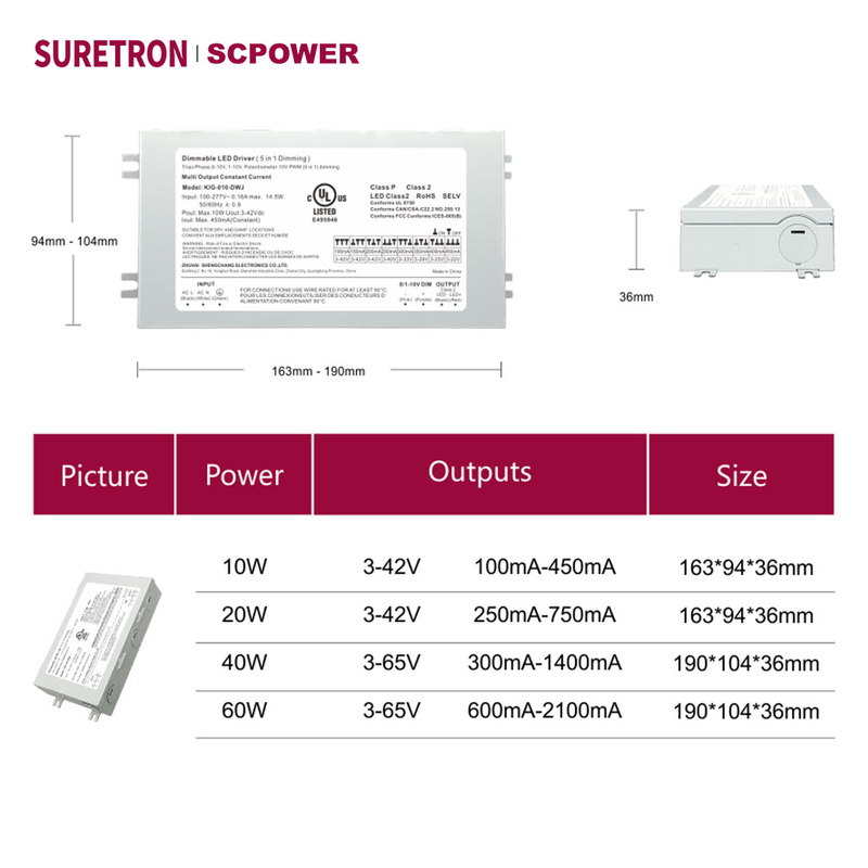 10W 20W 40W 60W Triac 0-10V 调光 LED 驱动器 CC 带接线盒