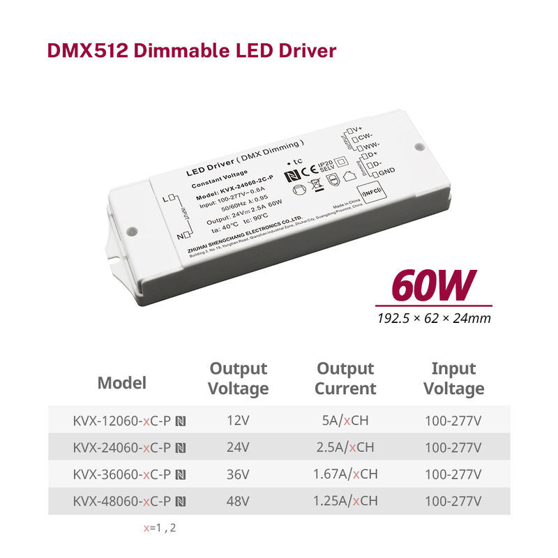 60W 2 级 CV CW DMX512 LED 驱动器 12Vdc 24Vdc 36Vdc 48Vdc