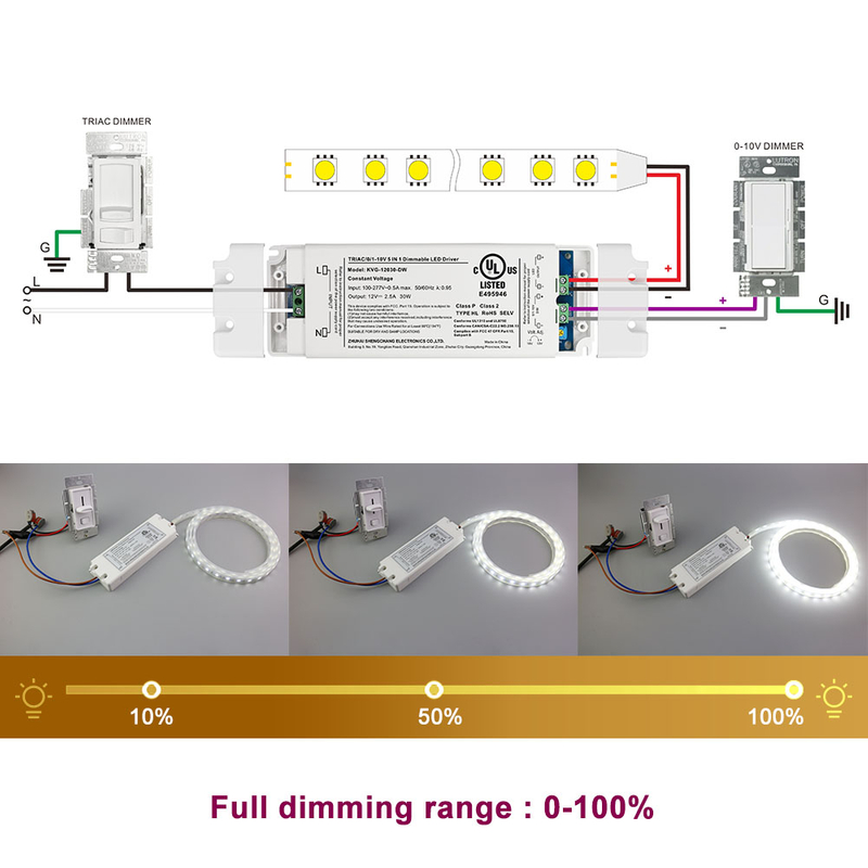 30W Triac 0-10V 可调光 LED 驱动器 CV 100 交流至 12v 24v 36v 48v 直流输出