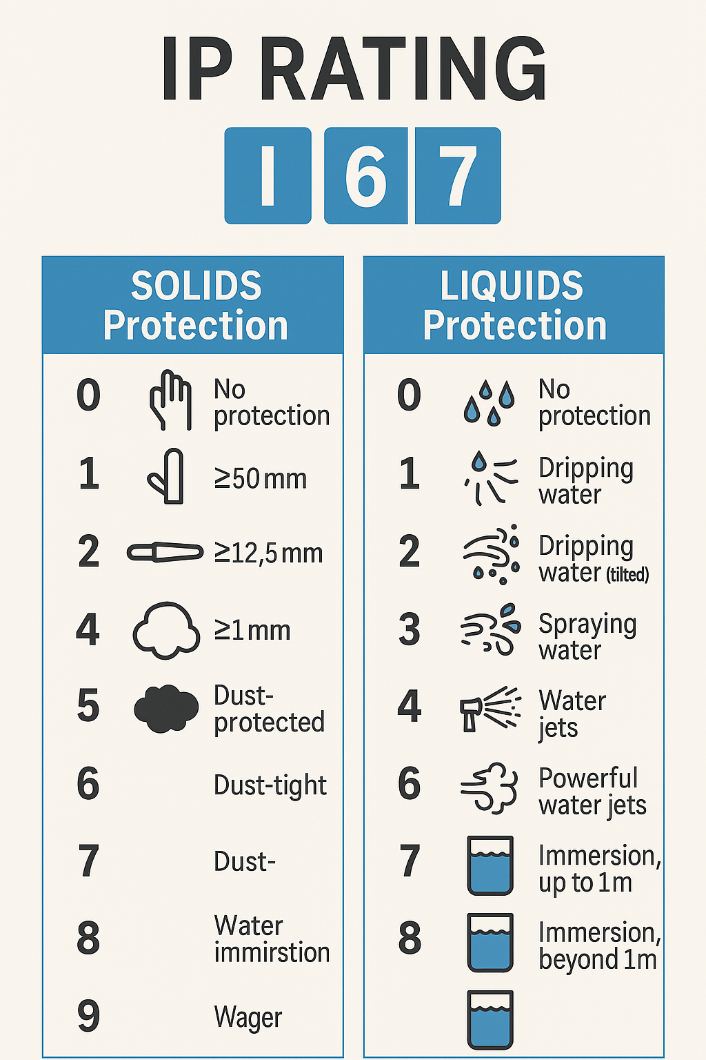 A chart explaining the IP (Ingress Protection) rating system, showing different levels of protection against solids and liquids, from Suretron.