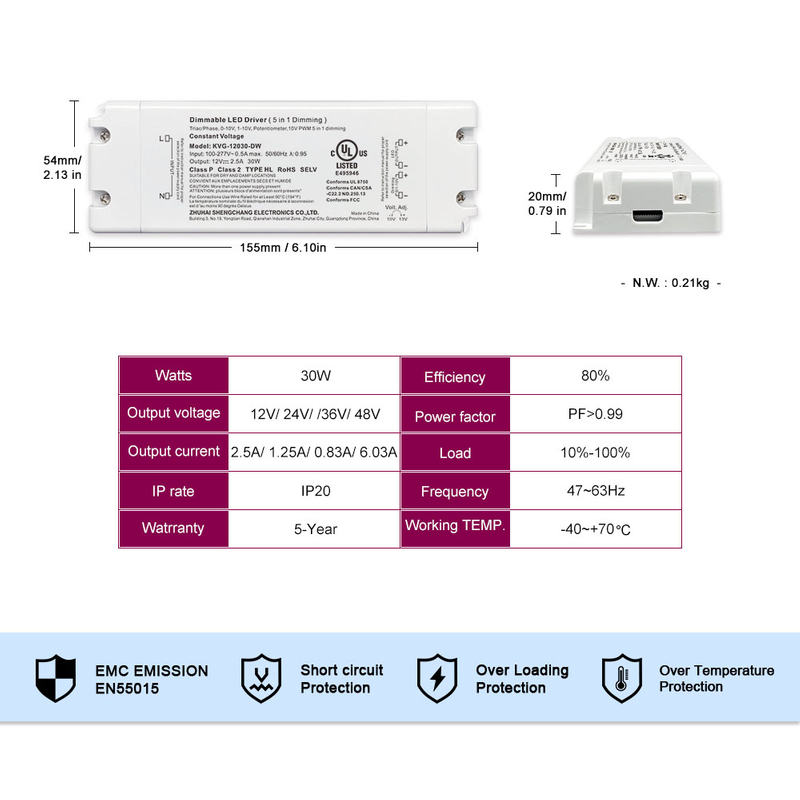 30W Triac 0-10V 可调光 LED 驱动器 CV 100 交流至 12v 24v 36v 48v 直流输出